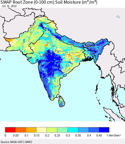 Southern Asia SMAP Root Zone (0-100 cm) Soil Moisture (m³/m³) Thematic Map For 7/26/2022 - 7/31/2022