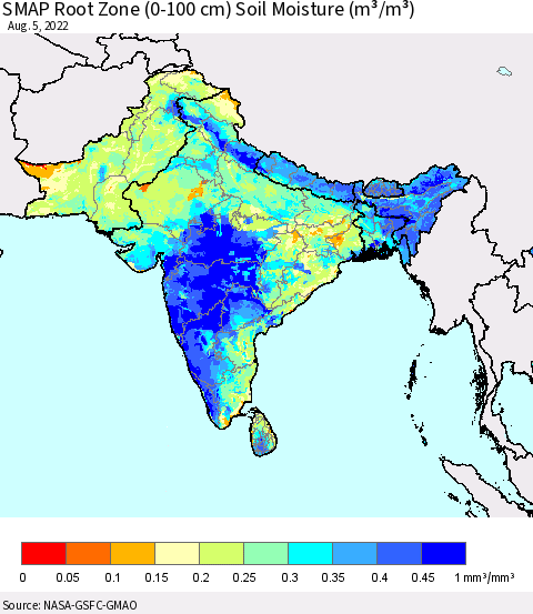 Southern Asia SMAP Root Zone (0-100 cm) Soil Moisture (m³/m³) Thematic Map For 8/1/2022 - 8/5/2022