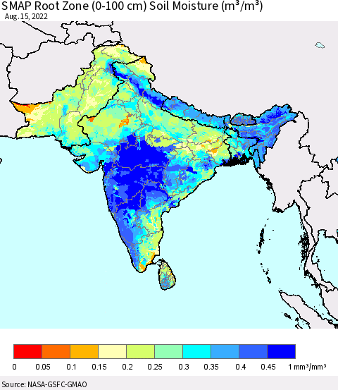 Southern Asia SMAP Root Zone (0-100 cm) Soil Moisture (m³/m³) Thematic Map For 8/11/2022 - 8/15/2022