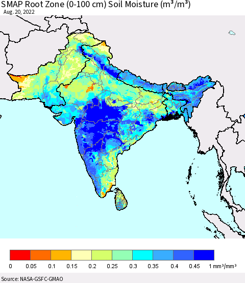 Southern Asia SMAP Root Zone (0-100 cm) Soil Moisture (m³/m³) Thematic Map For 8/16/2022 - 8/20/2022