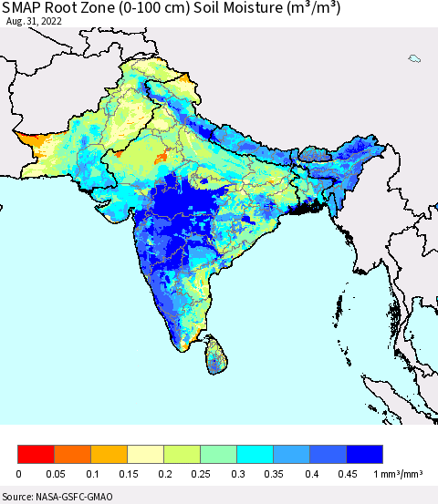 Southern Asia SMAP Root Zone (0-100 cm) Soil Moisture (m³/m³) Thematic Map For 8/26/2022 - 8/31/2022
