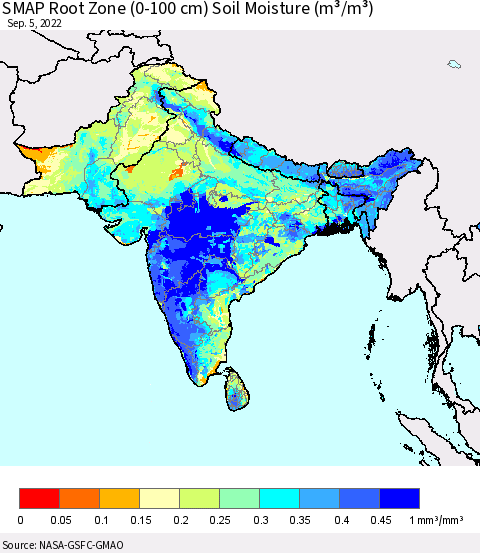 Southern Asia SMAP Root Zone (0-100 cm) Soil Moisture (m³/m³) Thematic Map For 9/1/2022 - 9/5/2022