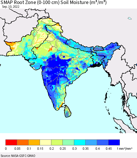 Southern Asia SMAP Root Zone (0-100 cm) Soil Moisture (m³/m³) Thematic Map For 9/6/2022 - 9/10/2022
