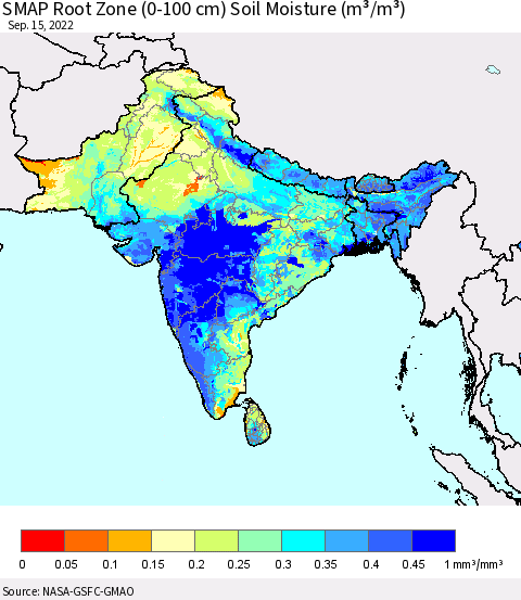 Southern Asia SMAP Root Zone (0-100 cm) Soil Moisture (m³/m³) Thematic Map For 9/11/2022 - 9/15/2022