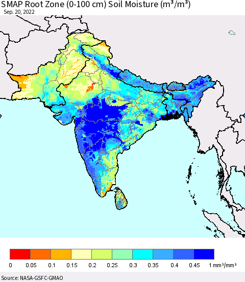 Southern Asia SMAP Root Zone (0-100 cm) Soil Moisture (m³/m³) Thematic Map For 9/16/2022 - 9/20/2022