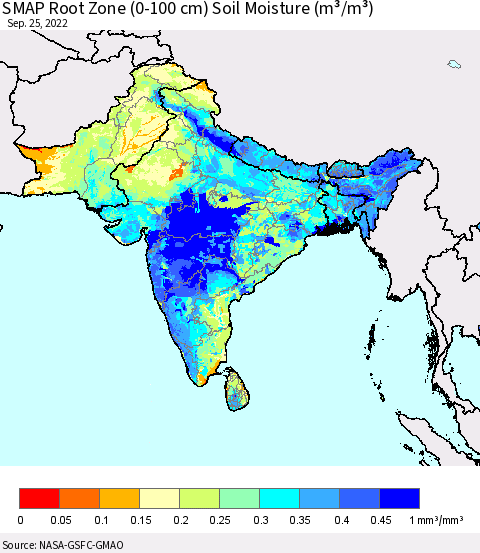 Southern Asia SMAP Root Zone (0-100 cm) Soil Moisture (m³/m³) Thematic Map For 9/21/2022 - 9/25/2022