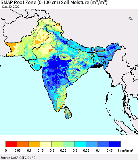 Southern Asia SMAP Root Zone (0-100 cm) Soil Moisture (m³/m³) Thematic Map For 9/26/2022 - 9/30/2022