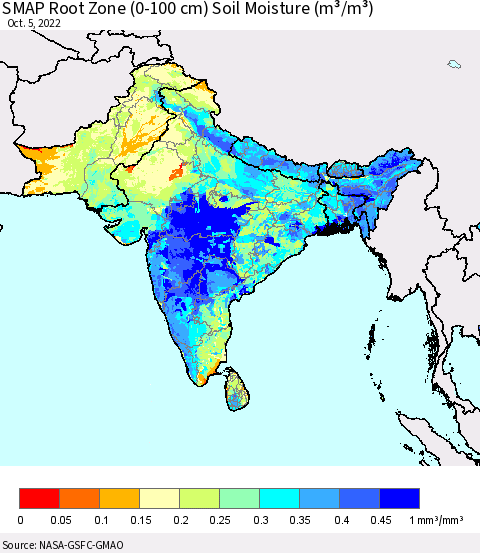 Southern Asia SMAP Root Zone (0-100 cm) Soil Moisture (m³/m³) Thematic Map For 10/1/2022 - 10/5/2022