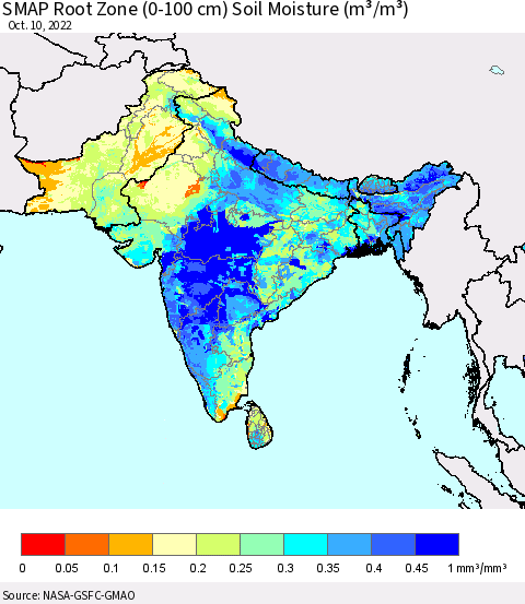Southern Asia SMAP Root Zone (0-100 cm) Soil Moisture (m³/m³) Thematic Map For 10/6/2022 - 10/10/2022