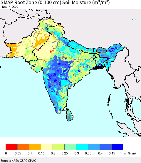 Southern Asia SMAP Root Zone (0-100 cm) Soil Moisture (m³/m³) Thematic Map For 11/1/2022 - 11/5/2022