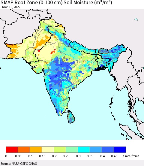 Southern Asia SMAP Root Zone (0-100 cm) Soil Moisture (m³/m³) Thematic Map For 11/6/2022 - 11/10/2022