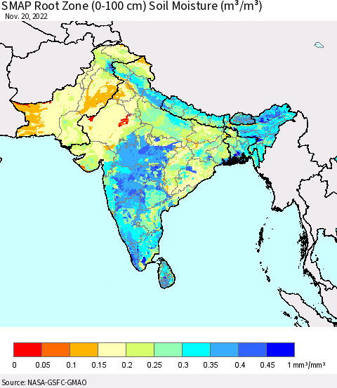 Southern Asia SMAP Root Zone (0-100 cm) Soil Moisture (m³/m³) Thematic Map For 11/16/2022 - 11/20/2022
