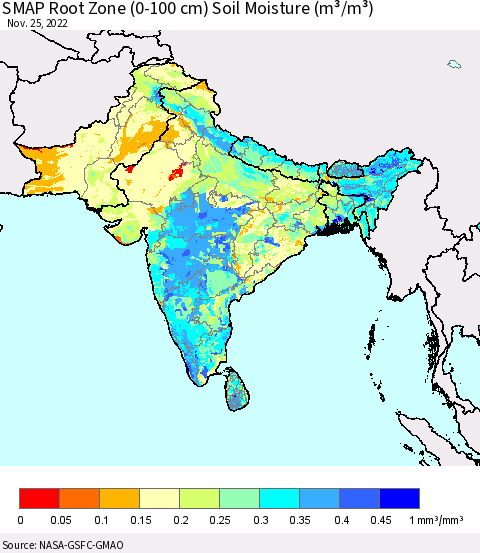 Southern Asia SMAP Root Zone (0-100 cm) Soil Moisture (m³/m³) Thematic Map For 11/21/2022 - 11/25/2022