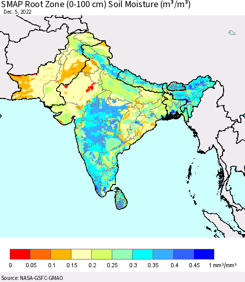 Southern Asia SMAP Root Zone (0-100 cm) Soil Moisture (m³/m³) Thematic Map For 12/1/2022 - 12/5/2022
