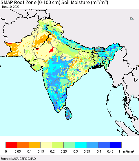Southern Asia SMAP Root Zone (0-100 cm) Soil Moisture (m³/m³) Thematic Map For 12/6/2022 - 12/10/2022