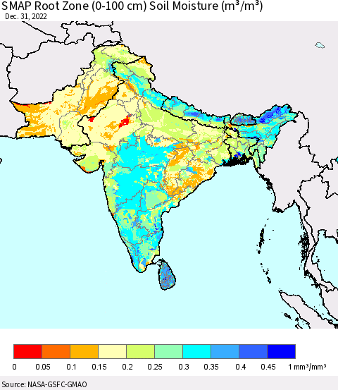 Southern Asia SMAP Root Zone (0-100 cm) Soil Moisture (m³/m³) Thematic Map For 12/26/2022 - 12/31/2022