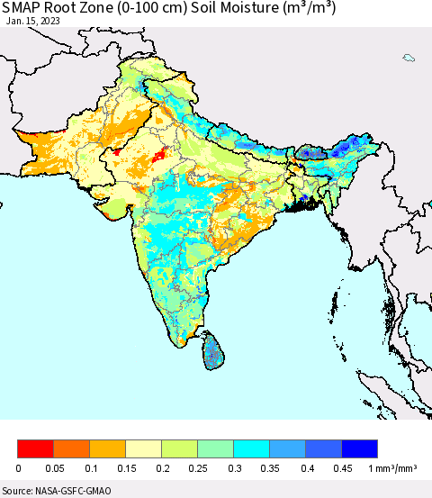 Southern Asia SMAP Root Zone (0-100 cm) Soil Moisture (m³/m³) Thematic Map For 1/11/2023 - 1/15/2023