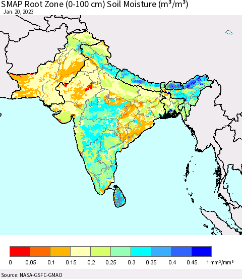 Southern Asia SMAP Root Zone (0-100 cm) Soil Moisture (m³/m³) Thematic Map For 1/16/2023 - 1/20/2023