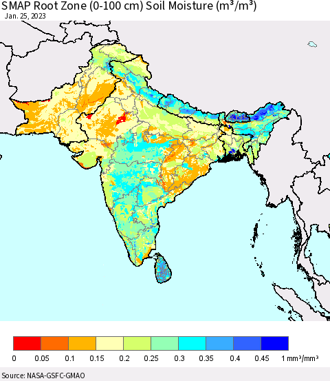 Southern Asia SMAP Root Zone (0-100 cm) Soil Moisture (m³/m³) Thematic Map For 1/21/2023 - 1/25/2023