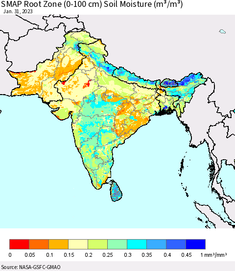 Southern Asia SMAP Root Zone (0-100 cm) Soil Moisture (m³/m³) Thematic Map For 1/26/2023 - 1/31/2023