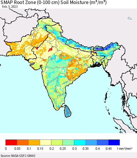 Southern Asia SMAP Root Zone (0-100 cm) Soil Moisture (m³/m³) Thematic Map For 2/1/2023 - 2/5/2023