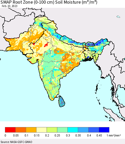 Southern Asia SMAP Root Zone (0-100 cm) Soil Moisture (m³/m³) Thematic Map For 2/6/2023 - 2/10/2023