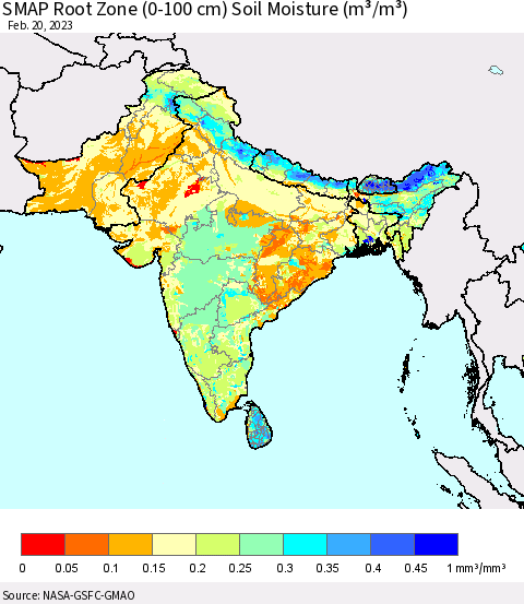 Southern Asia SMAP Root Zone (0-100 cm) Soil Moisture (m³/m³) Thematic Map For 2/16/2023 - 2/20/2023