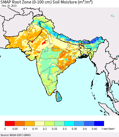 Southern Asia SMAP Root Zone (0-100 cm) Soil Moisture (m³/m³) Thematic Map For 2/21/2023 - 2/25/2023