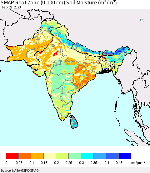 Southern Asia SMAP Root Zone (0-100 cm) Soil Moisture (m³/m³) Thematic Map For 2/26/2023 - 2/28/2023