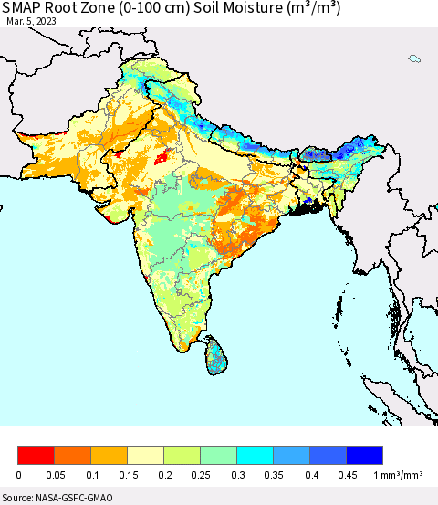 Southern Asia SMAP Root Zone (0-100 cm) Soil Moisture (m³/m³) Thematic Map For 3/1/2023 - 3/5/2023