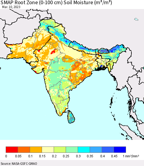 Southern Asia SMAP Root Zone (0-100 cm) Soil Moisture (m³/m³) Thematic Map For 3/6/2023 - 3/10/2023
