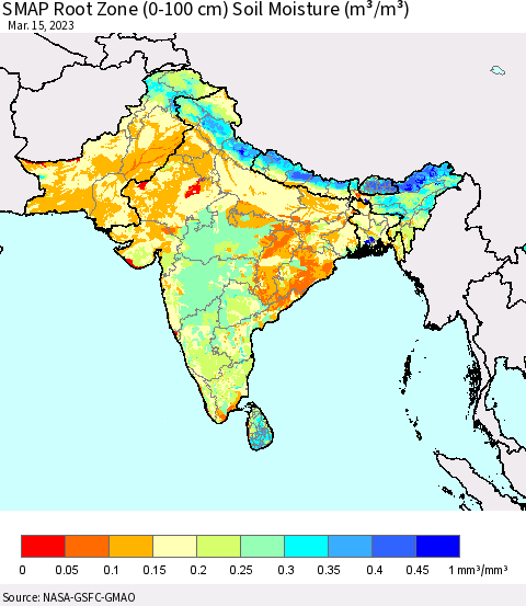Southern Asia SMAP Root Zone (0-100 cm) Soil Moisture (m³/m³) Thematic Map For 3/11/2023 - 3/15/2023