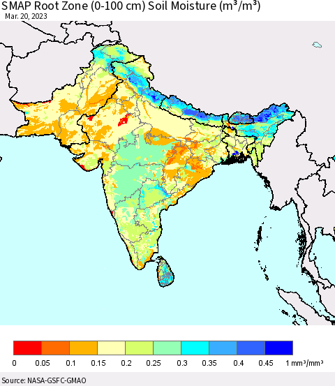 Southern Asia SMAP Root Zone (0-100 cm) Soil Moisture (m³/m³) Thematic Map For 3/16/2023 - 3/20/2023