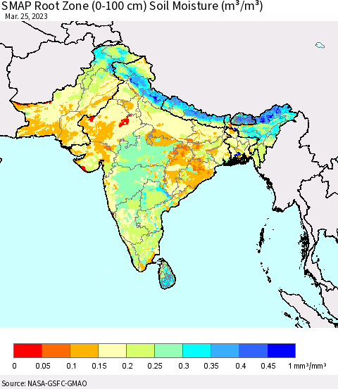 Southern Asia SMAP Root Zone (0-100 cm) Soil Moisture (m³/m³) Thematic Map For 3/21/2023 - 3/25/2023