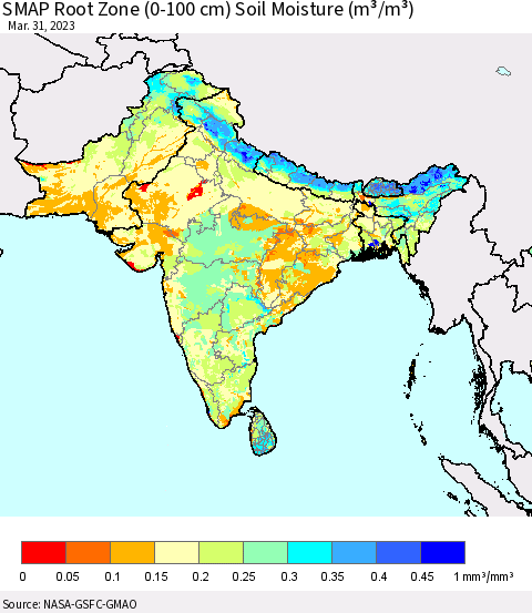 Southern Asia SMAP Root Zone (0-100 cm) Soil Moisture (m³/m³) Thematic Map For 3/26/2023 - 3/31/2023