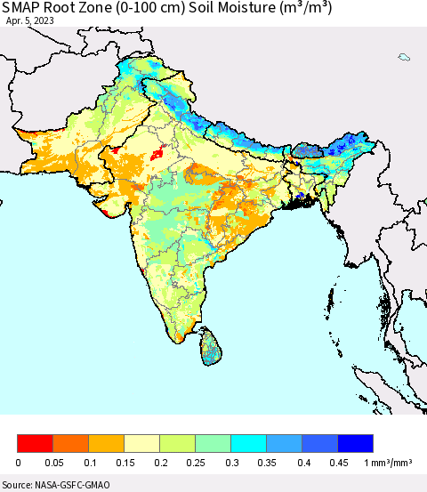 Southern Asia SMAP Root Zone (0-100 cm) Soil Moisture (m³/m³) Thematic Map For 4/1/2023 - 4/5/2023