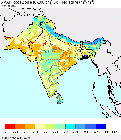 Southern Asia SMAP Root Zone (0-100 cm) Soil Moisture (m³/m³) Thematic Map For 4/6/2023 - 4/10/2023