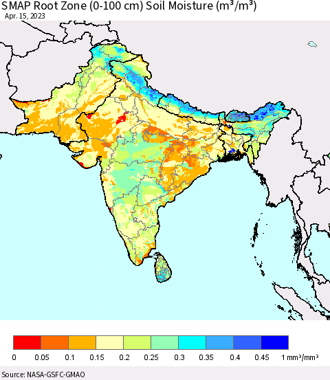 Southern Asia SMAP Root Zone (0-100 cm) Soil Moisture (m³/m³) Thematic Map For 4/11/2023 - 4/15/2023