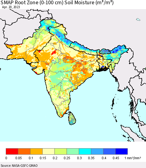 Southern Asia SMAP Root Zone (0-100 cm) Soil Moisture (m³/m³) Thematic Map For 4/16/2023 - 4/20/2023
