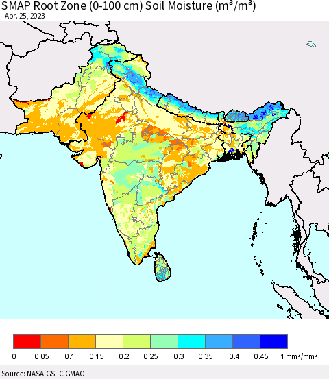 Southern Asia SMAP Root Zone (0-100 cm) Soil Moisture (m³/m³) Thematic Map For 4/21/2023 - 4/25/2023