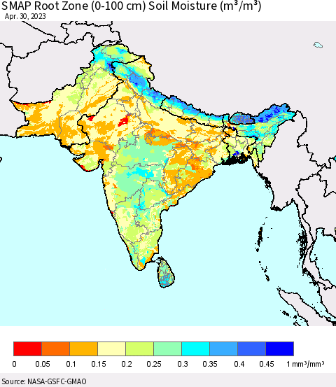 Southern Asia SMAP Root Zone (0-100 cm) Soil Moisture (m³/m³) Thematic Map For 4/26/2023 - 4/30/2023