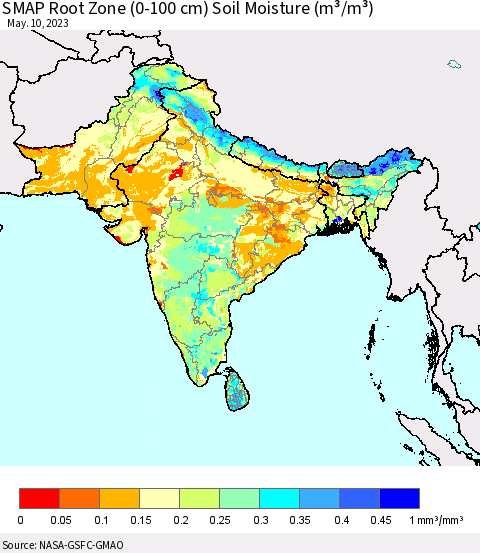 Southern Asia SMAP Root Zone (0-100 cm) Soil Moisture (m³/m³) Thematic Map For 5/6/2023 - 5/10/2023