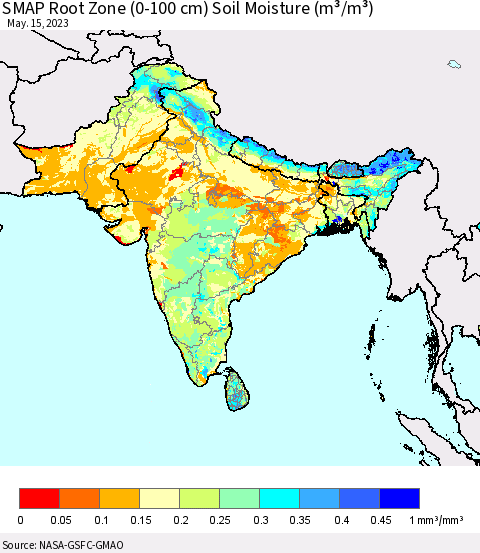 Southern Asia SMAP Root Zone (0-100 cm) Soil Moisture (m³/m³) Thematic Map For 5/11/2023 - 5/15/2023