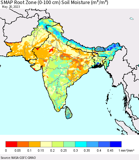 Southern Asia SMAP Root Zone (0-100 cm) Soil Moisture (m³/m³) Thematic Map For 5/16/2023 - 5/20/2023
