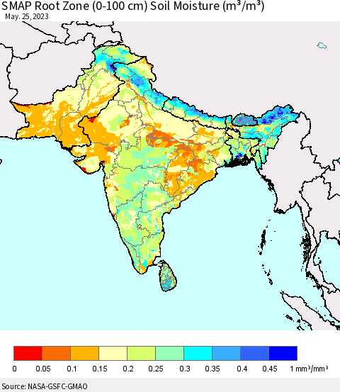 Southern Asia SMAP Root Zone (0-100 cm) Soil Moisture (m³/m³) Thematic Map For 5/21/2023 - 5/25/2023