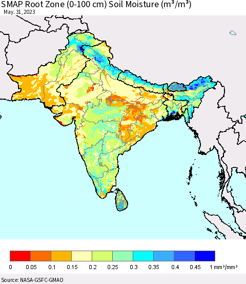Southern Asia SMAP Root Zone (0-100 cm) Soil Moisture (m³/m³) Thematic Map For 5/26/2023 - 5/31/2023