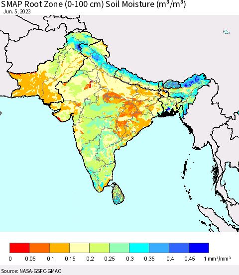 Southern Asia SMAP Root Zone (0-100 cm) Soil Moisture (m³/m³) Thematic Map For 6/1/2023 - 6/5/2023