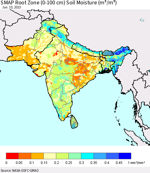 Southern Asia SMAP Root Zone (0-100 cm) Soil Moisture (m³/m³) Thematic Map For 6/6/2023 - 6/10/2023