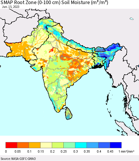 Southern Asia SMAP Root Zone (0-100 cm) Soil Moisture (m³/m³) Thematic Map For 6/11/2023 - 6/15/2023
