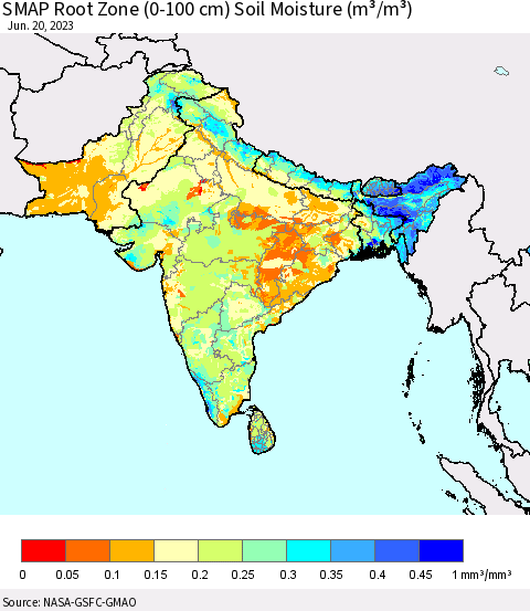 Southern Asia SMAP Root Zone (0-100 cm) Soil Moisture (m³/m³) Thematic Map For 6/16/2023 - 6/20/2023